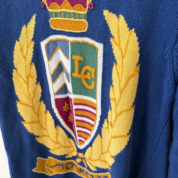 Lizsport Vintage Crest Cardigan Sweater Blue Ramie Cotton Knit Large MCMXCIII - Picture 6 of 8